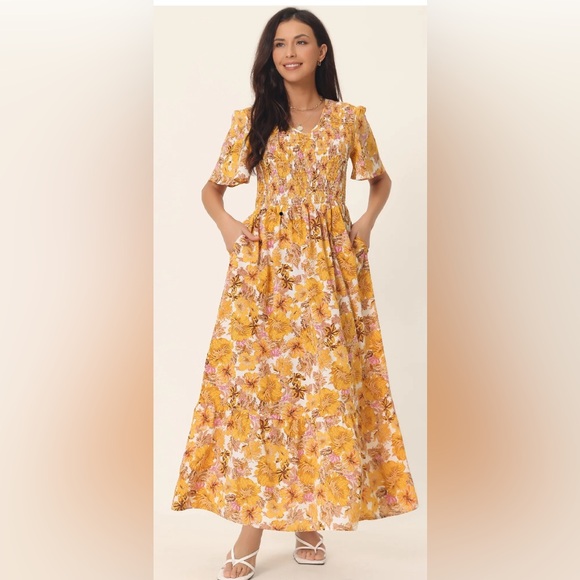 Women's Floral Short Flutter Sleeve Smocked Flowy Maxi Dress with Pockets - Picture 3 of 4